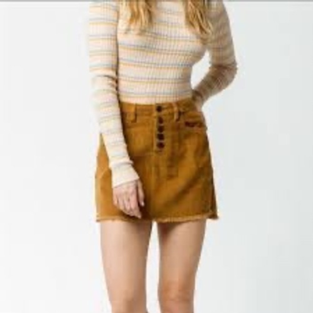 Indigo Rein Brown Button Front Mini Skirt Cotton Frayed Hem Size 11 Tobacco‎